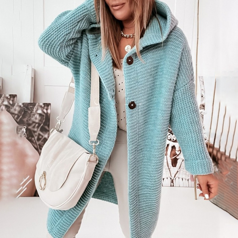 Long Sleeve Solid Hooded Loose Knit Cardigan-ABOXUN