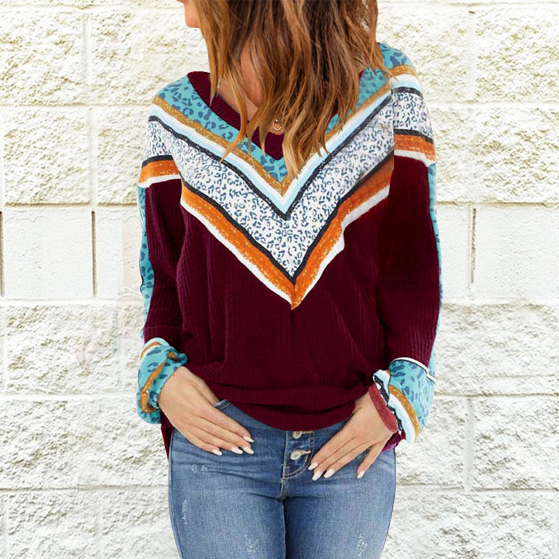 Vintage V-Neck Colorblock Leopard Print Sweater-ABOXUN