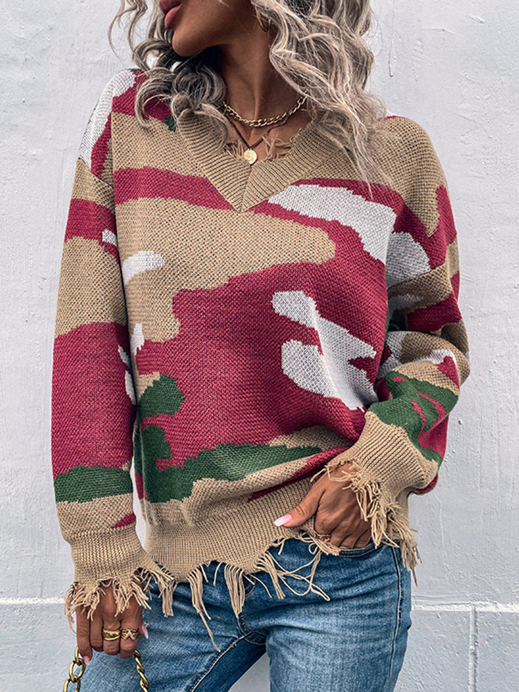 V Neck Ripped Contrast Camouflage Jacquard Sweater-ABOXUN