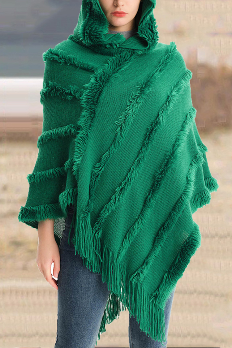 Vintage Solid Fringed Hooded Sweater Pullover Shawl-ABOXUN