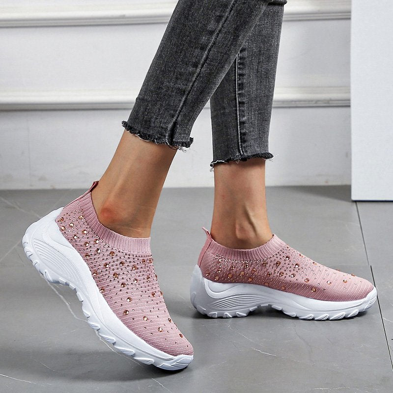 women's flying woven rhinestone casual running shoes-ABOXUN