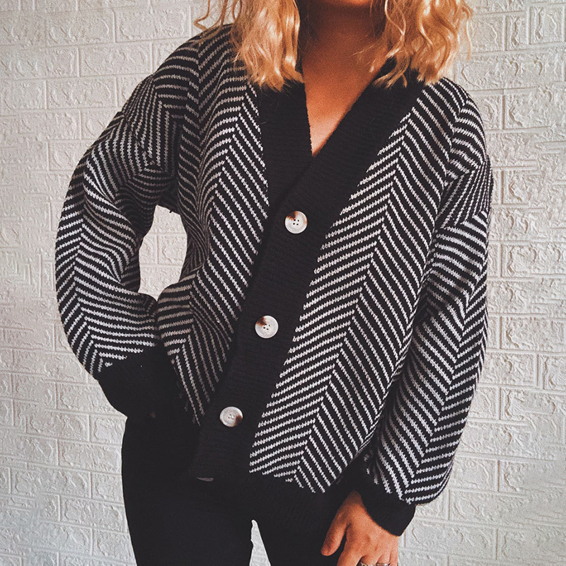 Single-Breasted Diamond Stripe Cardigan-ABOXUN