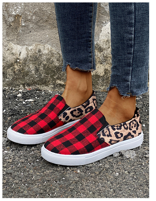 Casual Plaid Leopard Canvas Slip On Shoes-ABOXUN