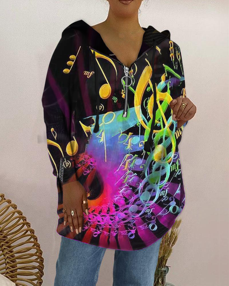 Fashion zipper thickened musical note element long-sleeved sweater-ABOXUN