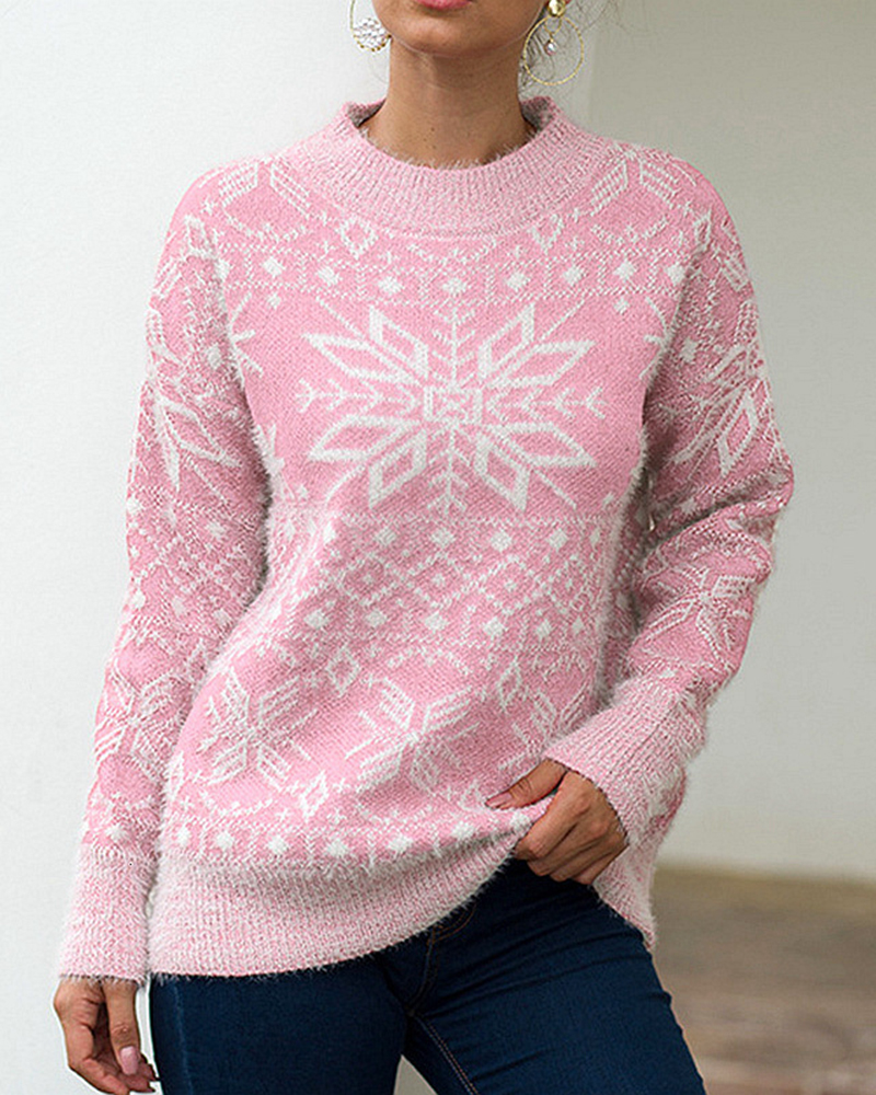 Snowflake Long Sleeve Pullover Sweater-ABOXUN