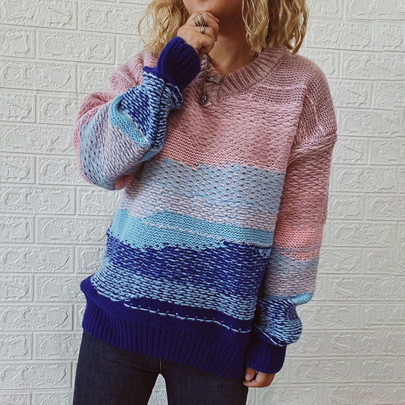 Vintage Long Sleeve Crew Neck Contrast Sweater-ABOXUN