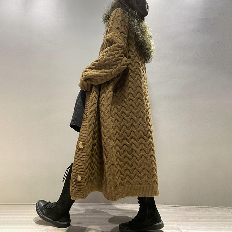 Long Twist Knit Sweater Thick Wool Sweater Cardigan-ABOXUN