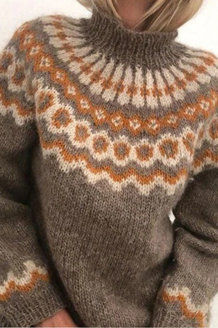 Vintage Turtleneck Pullover Chunky Jacquard Sweater-ABOXUN