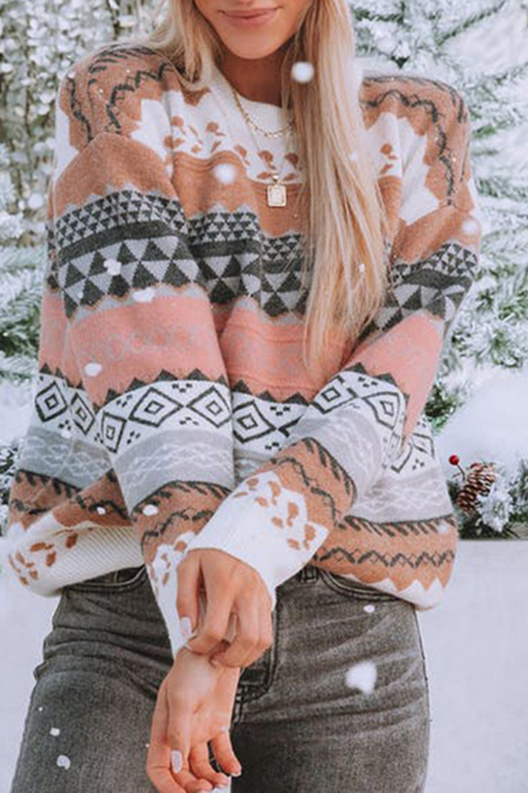 Vintage Geometric Loose Long Sleeve Pullover Sweater-ABOXUN