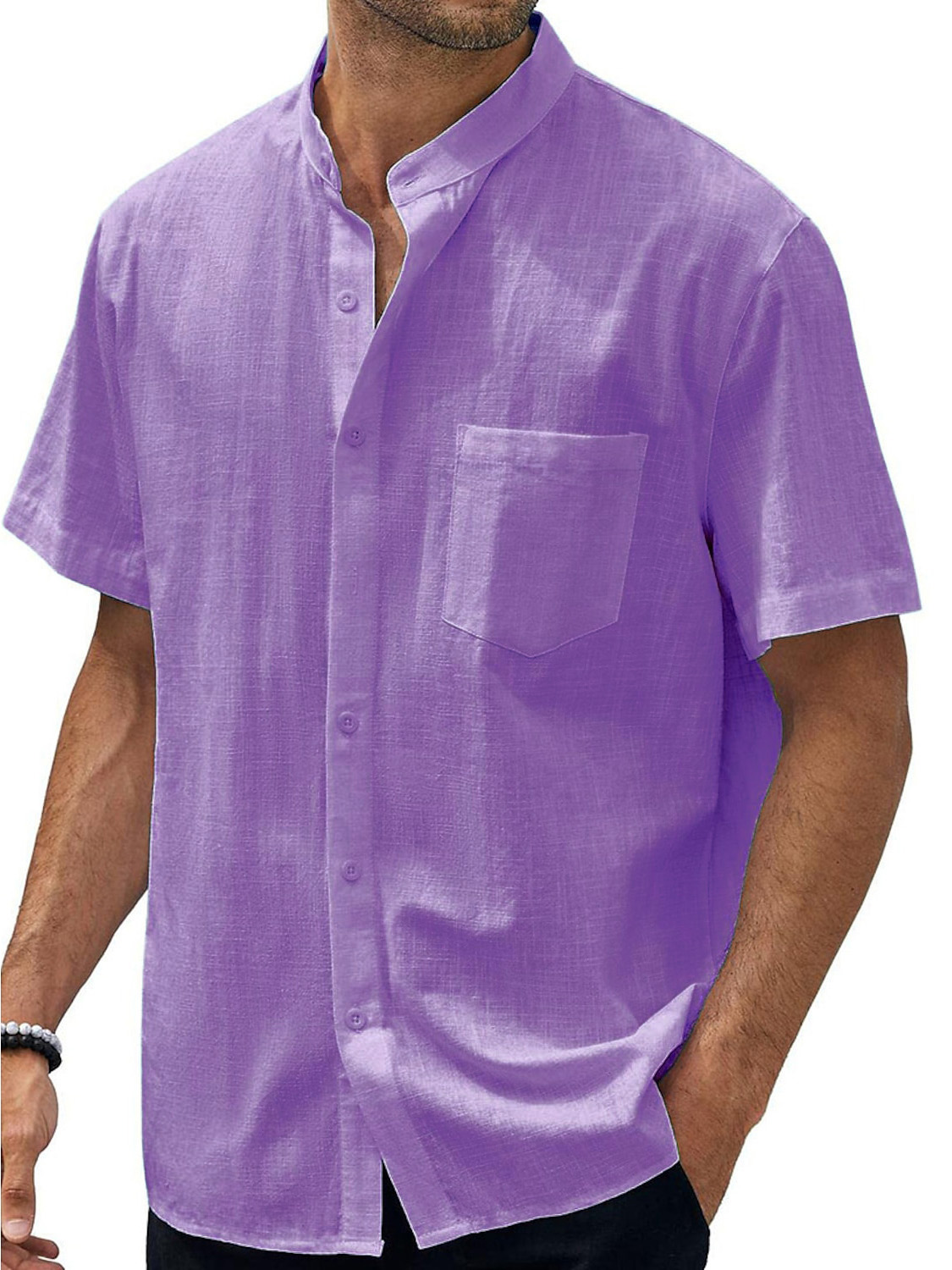 Men's Hawaiian Casual Beach Stand Collar Pocket Short Sleeves Shirt