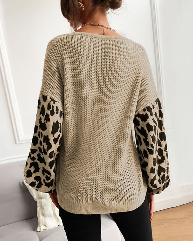 Loose Long-sleeved Leopard-print Knit Solid Color Sweater-ABOXUN