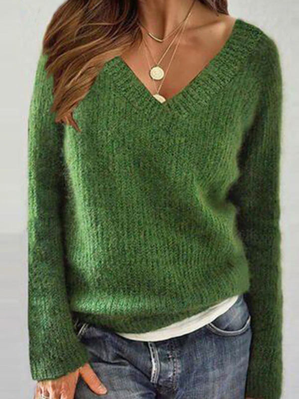 V-neck Casual Loose Solid Color Sweater Pullover-ABOXUN