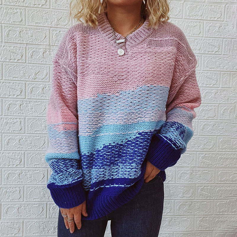 Vintage Long Sleeve Crew Neck Contrast Sweater-ABOXUN