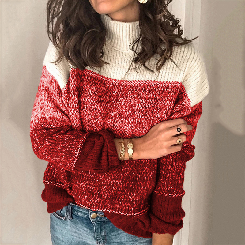 Casual Striped Panel Turtleneck Contrast Sweater-ABOXUN