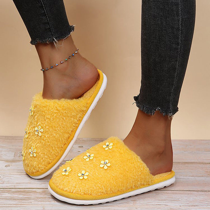 Rhinestone Flower Decorated Fluffy Closed Toe Flat Cotton Slippers-ABOXUN