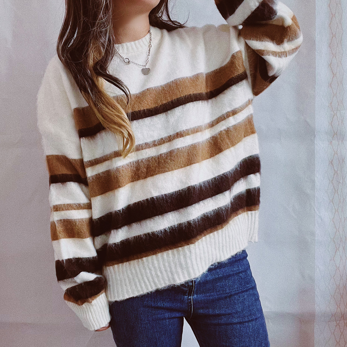 Vintage Long Sleeve Crewneck Striped Sweater-ABOXUN
