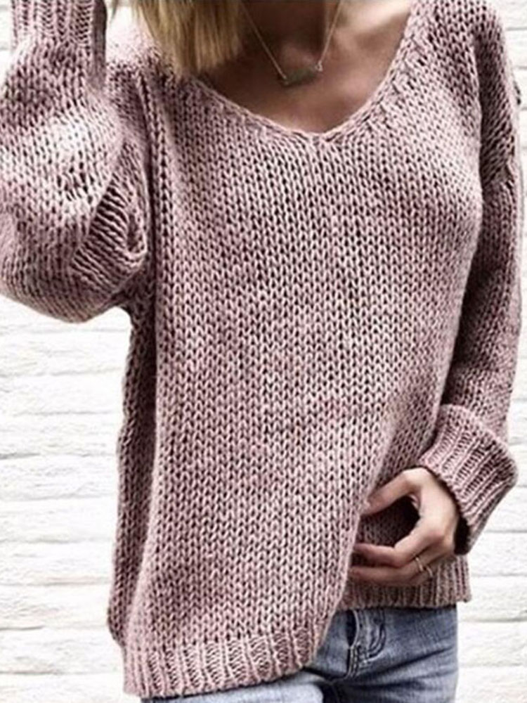 Solid Color V Neck Loose Casual Sweater-ABOXUN