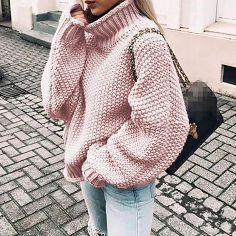 Chunky Half Turtleneck Doll Sleeve Loose Sweater-ABOXUN