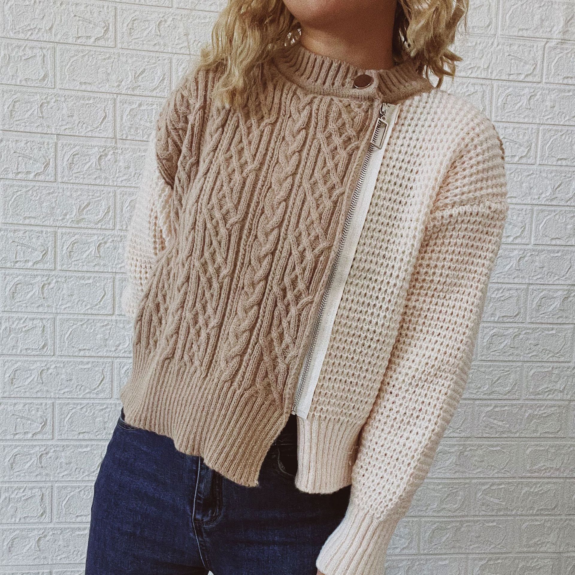 Vintage Colorblock Zip Long Sleeve Sweater-ABOXUN