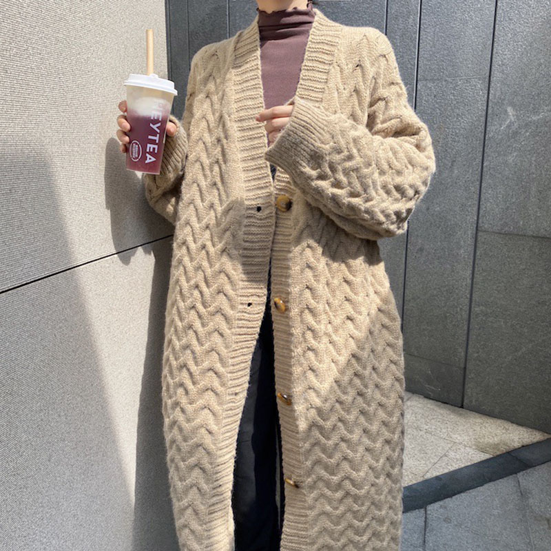 Long Twist Knit Sweater Thick Wool Sweater Cardigan-ABOXUN