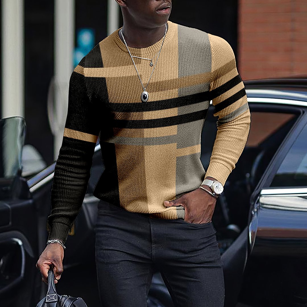 LONG SLEEVE FASHION CONTRAST COLOR ROUND NECK MEN'S TOP-ABOXUN