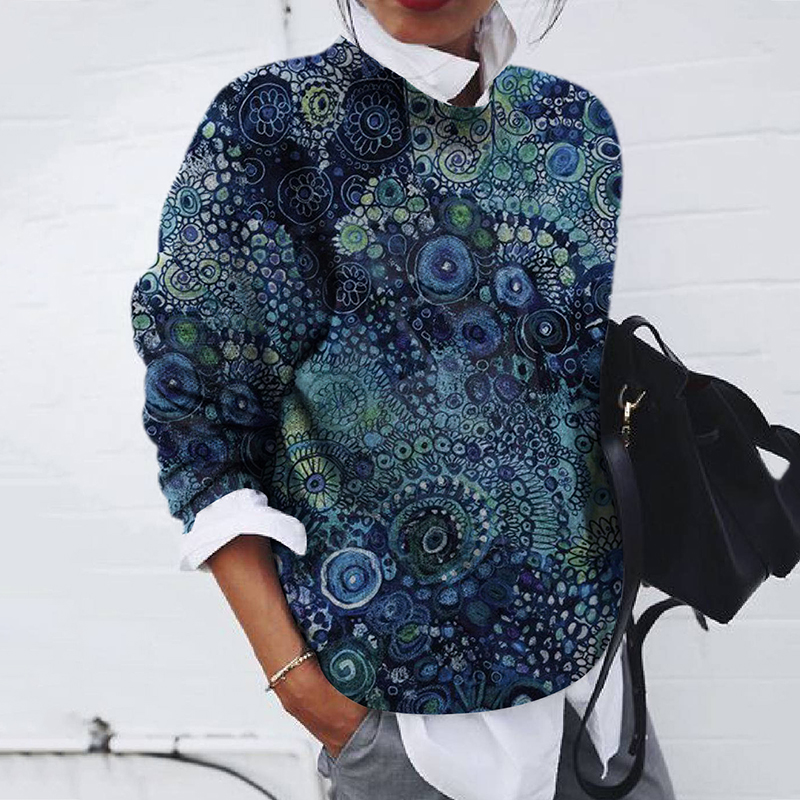 Fashion Abstract Print Loose Long Sleeve Top-ABOXUN