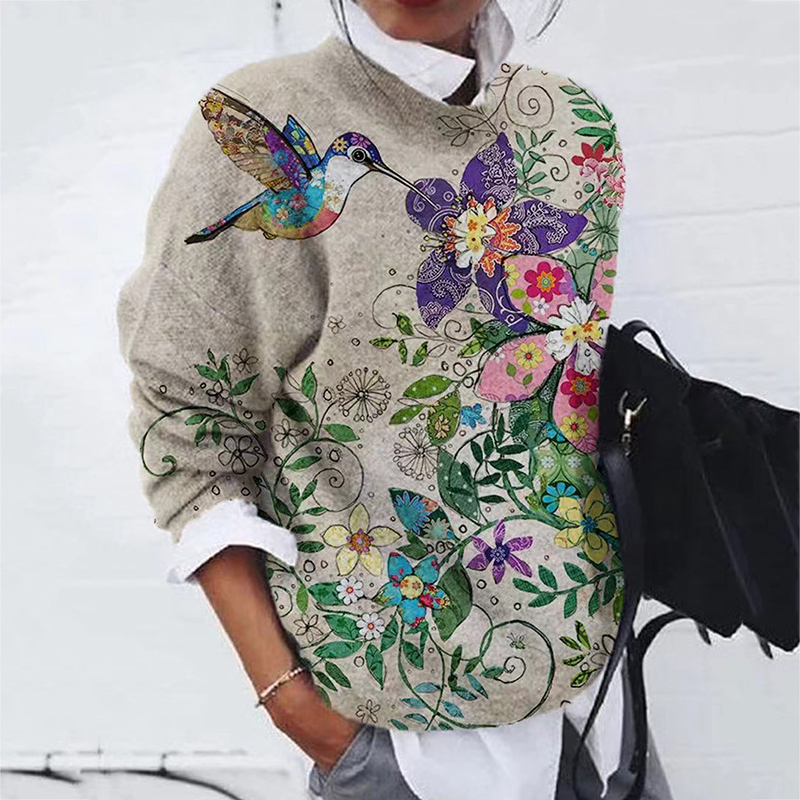 Stylish Flower Bird Contrast Print Loose Top-ABOXUN