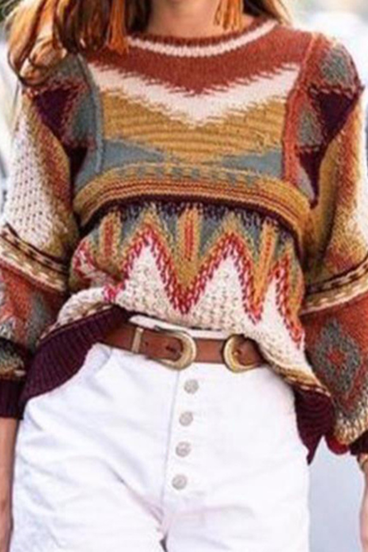 Vintage Geometric Long Sleeve Sweater-ABOXUN