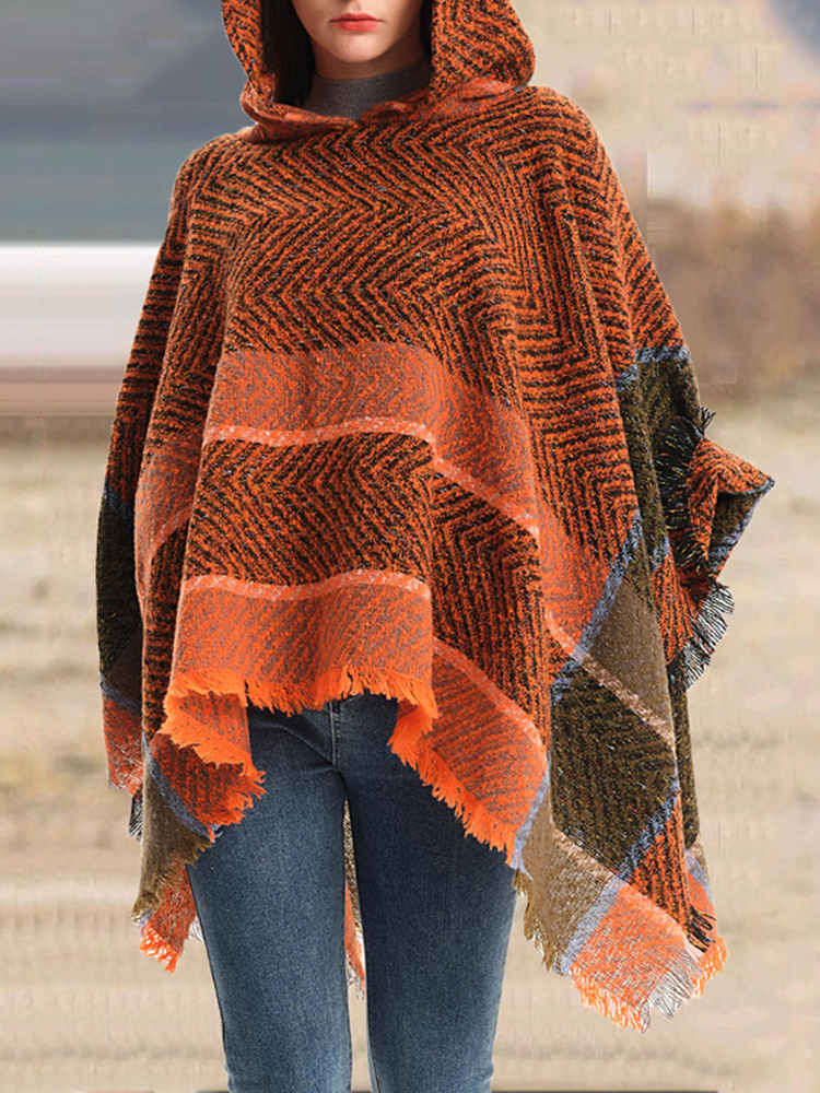 Vintage Herringbone Hooded Pullover Shawl-ABOXUN
