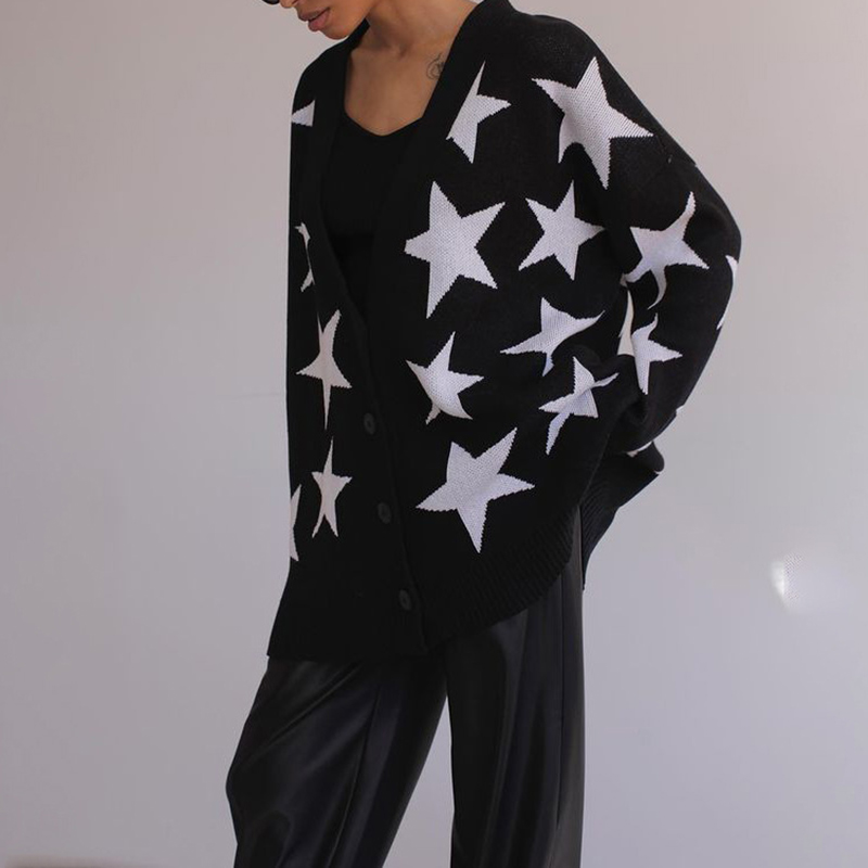 Loose Star Long Sleeve Sweater Cardigan-ABOXUN