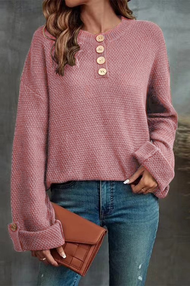 Vintage Solid Pullover Button Loose V-Neck Sweater-ABOXUN