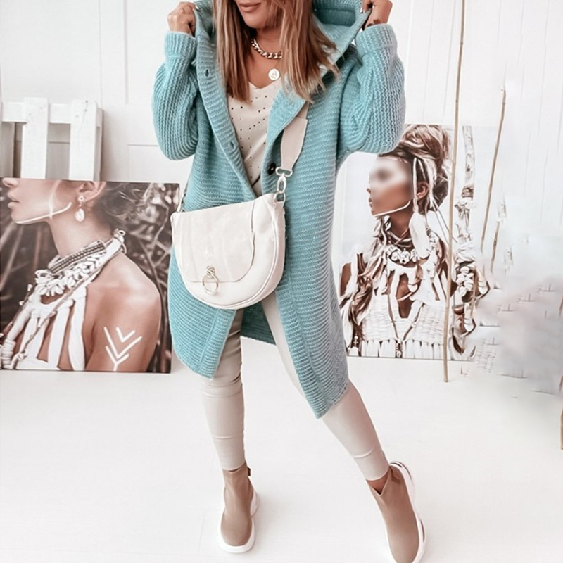 Long Sleeve Solid Hooded Loose Knit Cardigan-ABOXUN