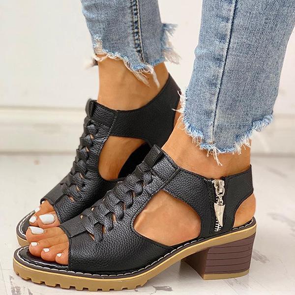 Women's Peep Toe Cutout Zipper Chunky Heeled Sandals-ABOXUN
