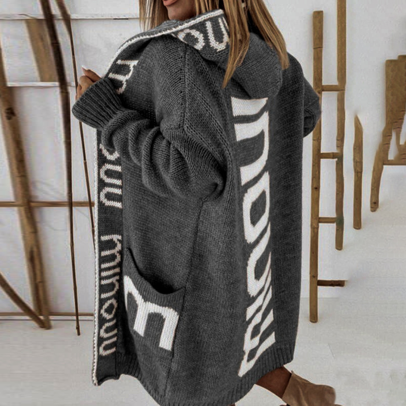 Loose Hooded Letter Sweater Cardigan-ABOXUN