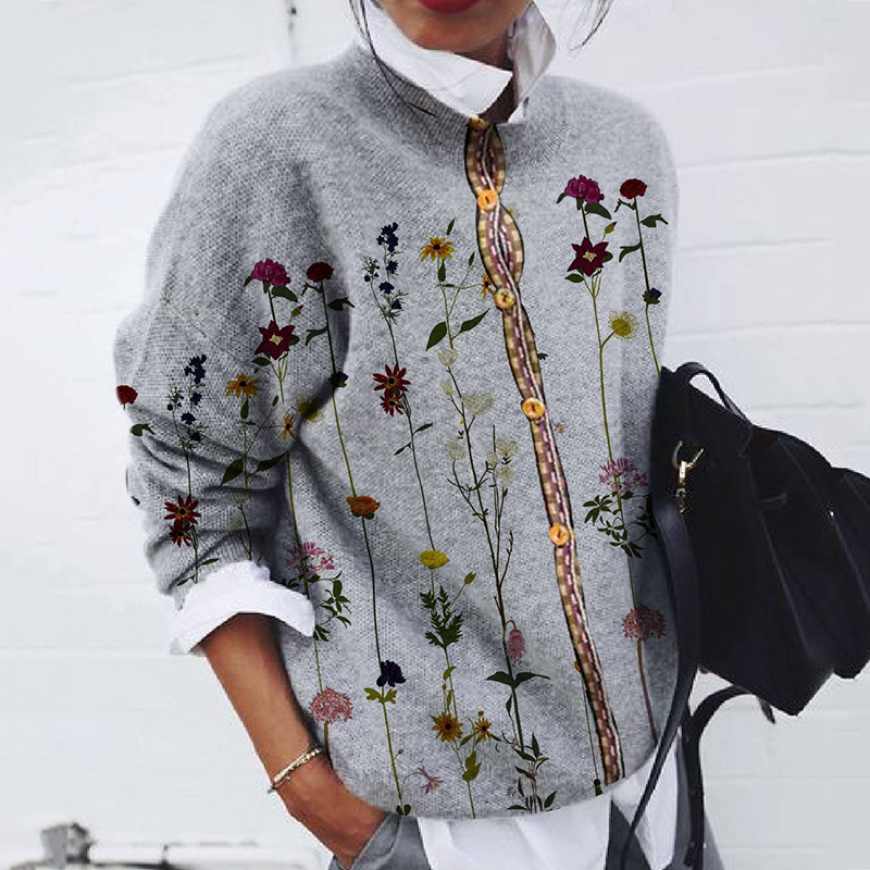 Fashion Brushed Floral Print Long Sleeve Cardigan-ABOXUN