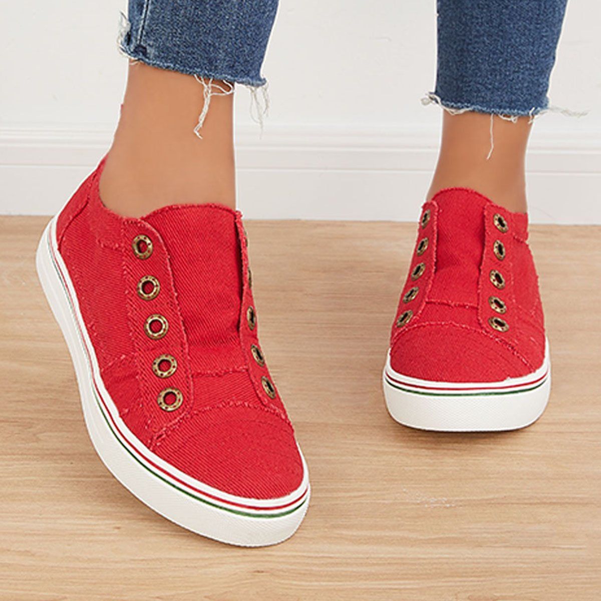 Women Red Canvas Casual Slip on Loafer Flat Sneakers Walking Shoes-ABOXUN