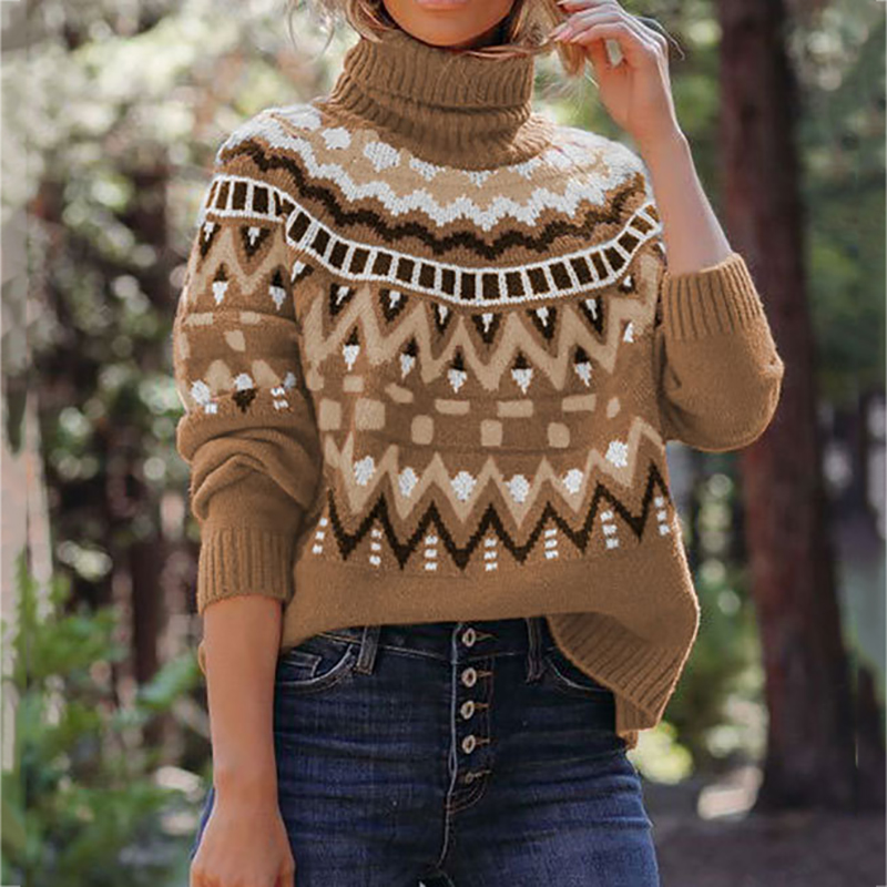 Vintage Striped Panel Contrast Turtleneck Sweater-ABOXUN