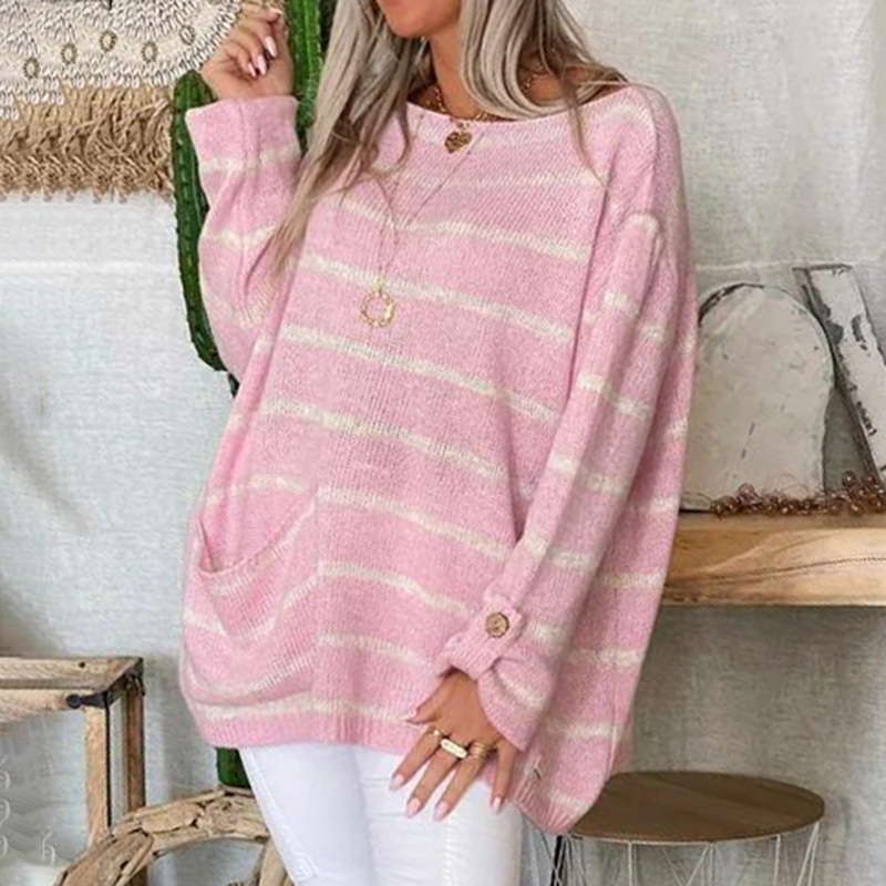 Contrast Stripe Pullover Crewneck Loose Sweater-ABOXUN