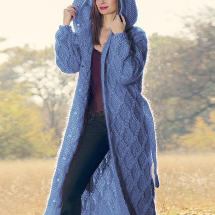Solid Chunky knit Hooded Casual Long Cardigan-ABOXUN