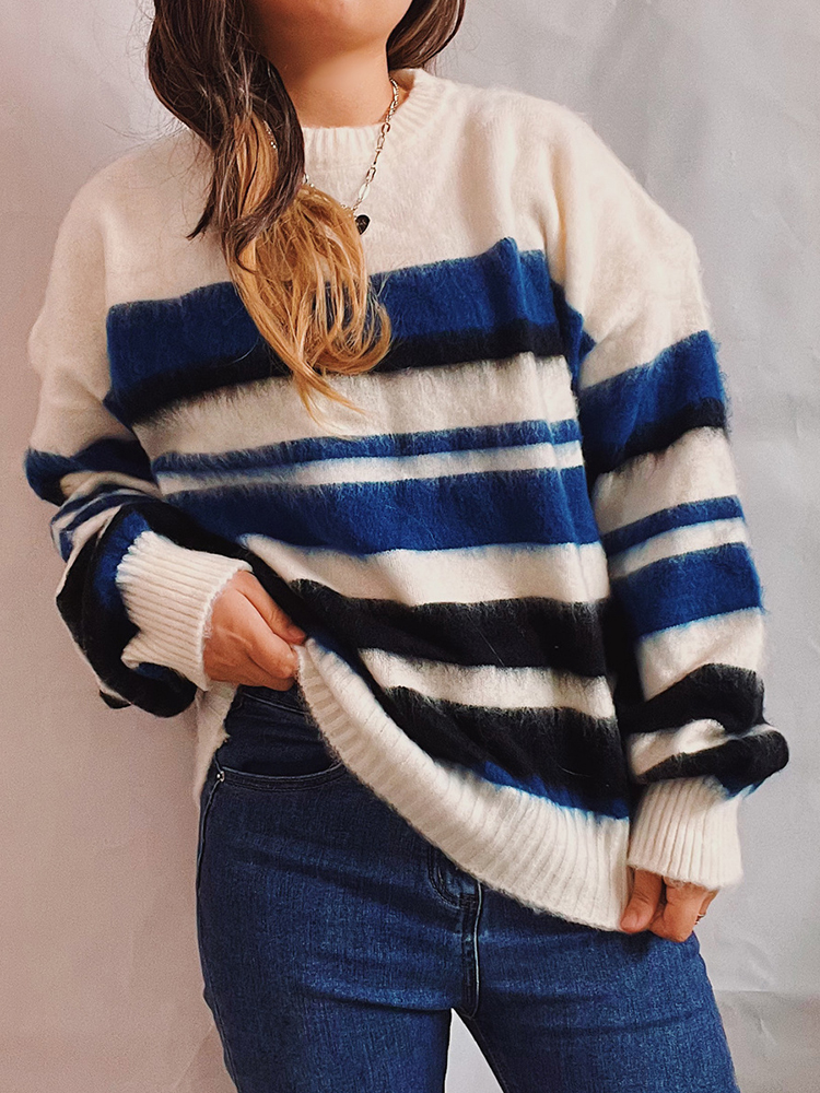 Vintage Long Sleeve Crewneck Striped Sweater-ABOXUN