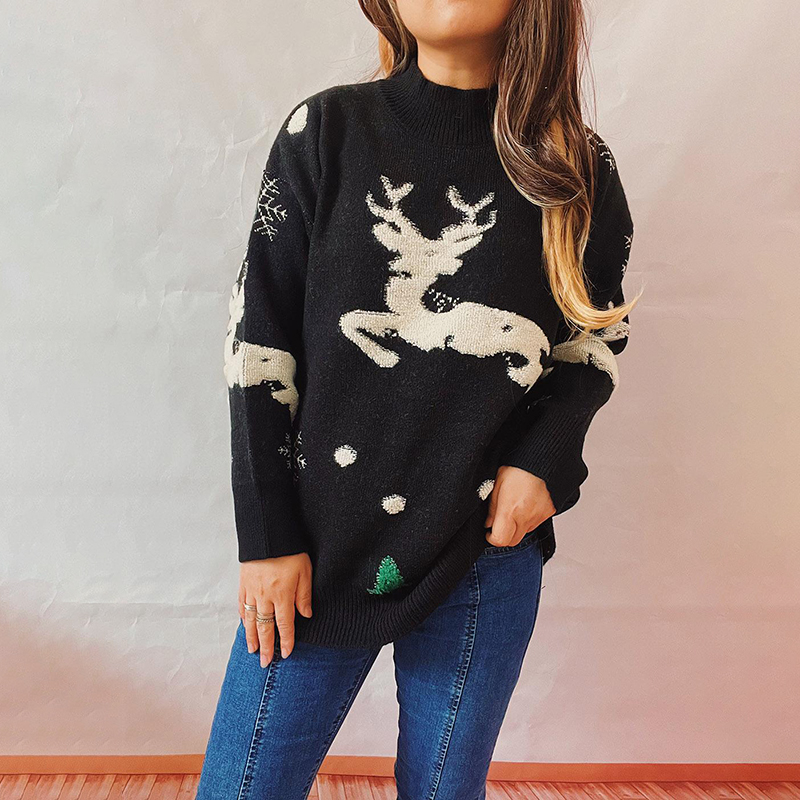 Vintage Christmas Elk Long Sleeve Sweater-ABOXUN