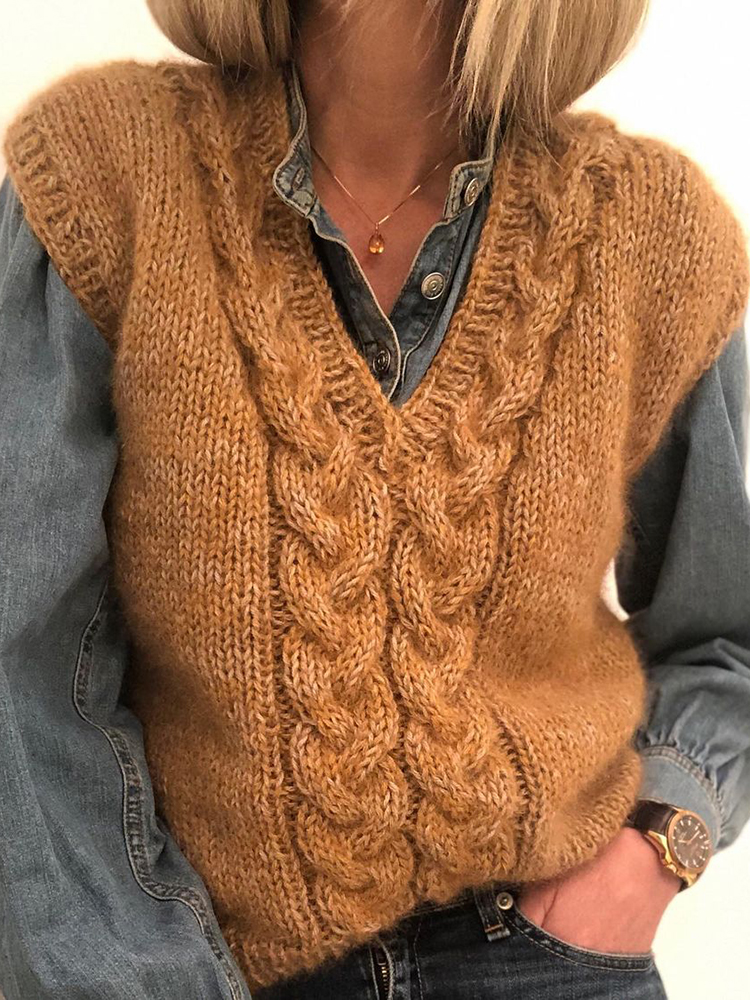 V-Neck Twist Knitted Vest-ABOXUN