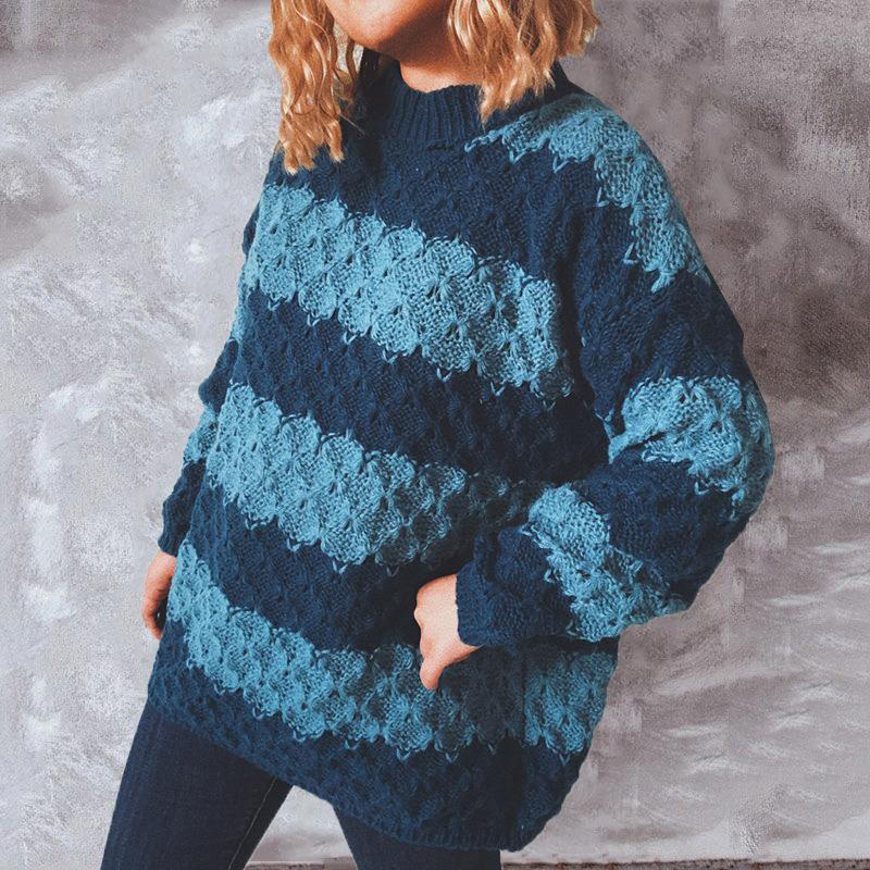 Rhombus Contrast Stripe Patchwork Loose Casual Sweater-ABOXUN