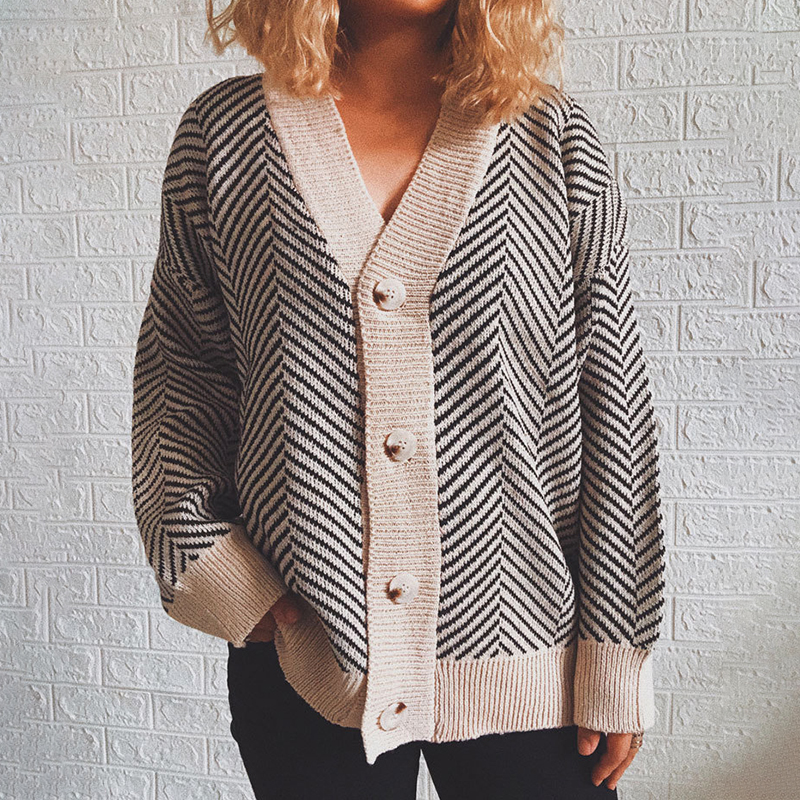 Single-Breasted Diamond Stripe Cardigan-ABOXUN