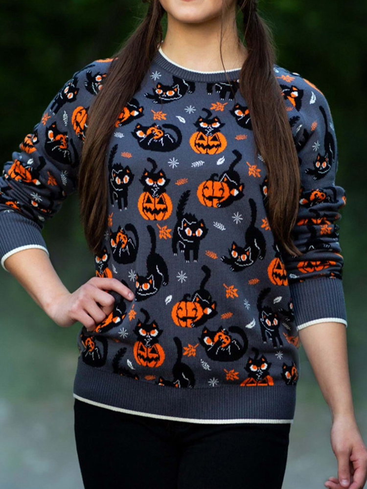 Halloween Cat Pumpkin Jacquard Sweater-ABOXUN