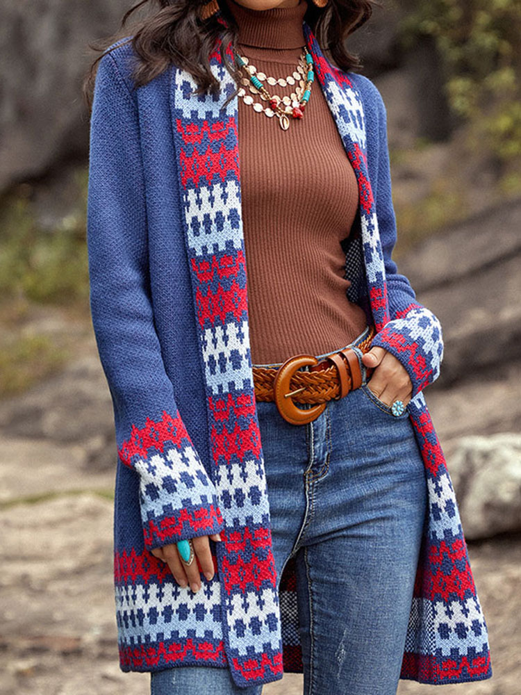 Vintage Contrast Jacquard Sweater Cardigan-ABOXUN