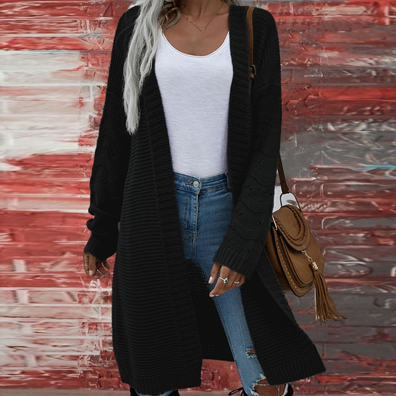 Solid Color Cutout Long Knitted Cardigan-ABOXUN