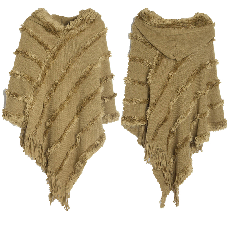 Vintage Solid Fringed Hooded Sweater Pullover Shawl-ABOXUN