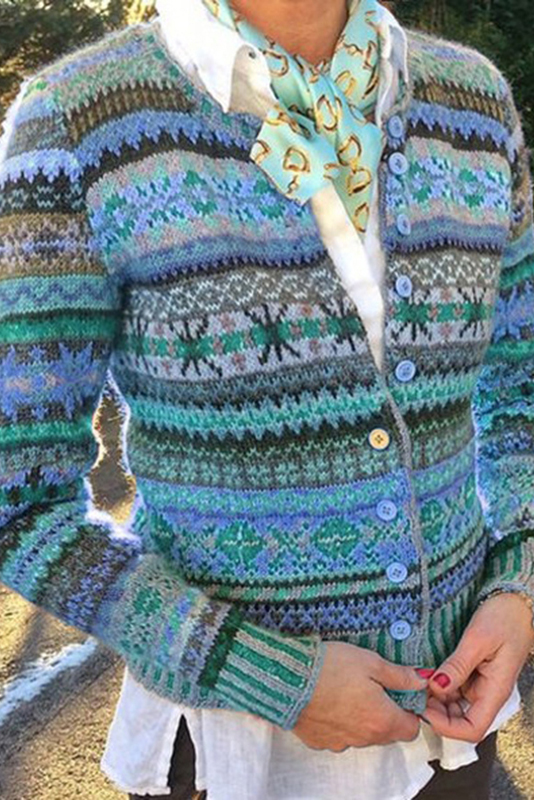 Vintage Ethnic Button Wavy Jacquard Sweater Cardigan-ABOXUN