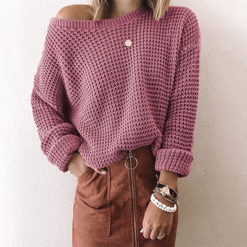 Loose Solid Color Inclined Collar Long Sleeve Knitted Sweater-ABOXUN